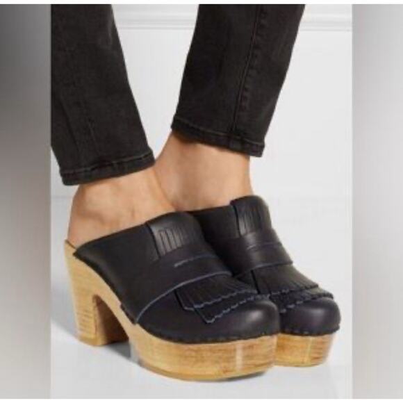 Sven Shoes - No. 6 by Sven Women’s Black Fringe Wooden Leather Clogs Size 37 Boho Hippie